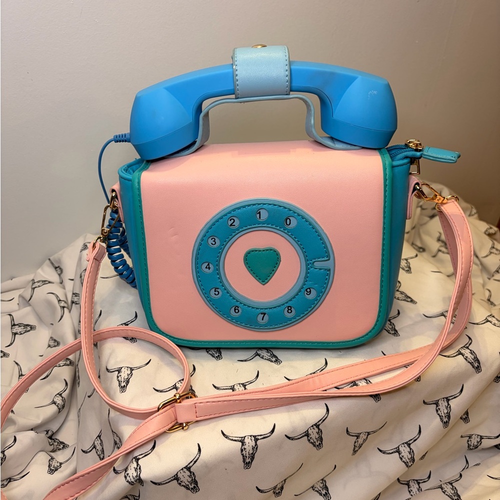 Retro Telephone Design Pink and Blue Handbag - Picture 5 of 5